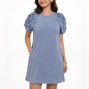 T-Shirt Dress Blue Puff Sleeve Pockets Stretchy Pit to Pit 20.5” Size L
